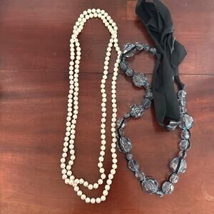 Set of 2 Necklace String Faux Pearl Ribbon Black Grey Beaded Chunky Classic
